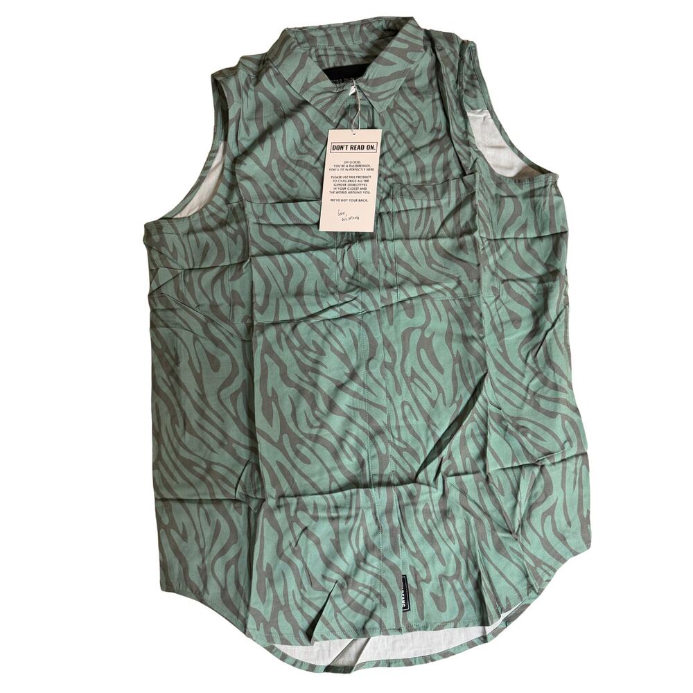 Wildfang Empower Sleeveless Button-Up Zebra Print Green & Grey | Size XS | NWT